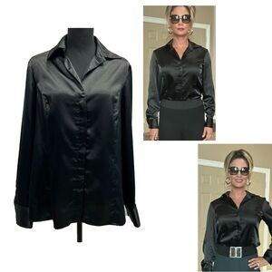 Jones New York collection black satin long sleeve button front blouse stretch 14